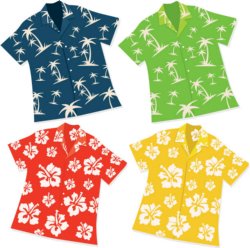 Blue, Green, Red, and Yellow Hawaiian shirts